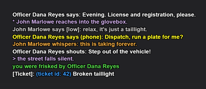 Chatlog Magician output: a GTA roleplay chatlog rendered as a colored screenshot