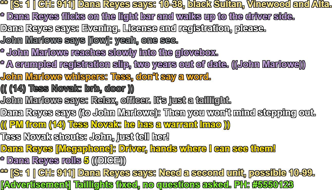 Chatlog Magician output of a traffic stop: radio calls, actions, low and whispered speech, local OOC, a PM, a megaphone, a dice roll and an advert, each in its own color