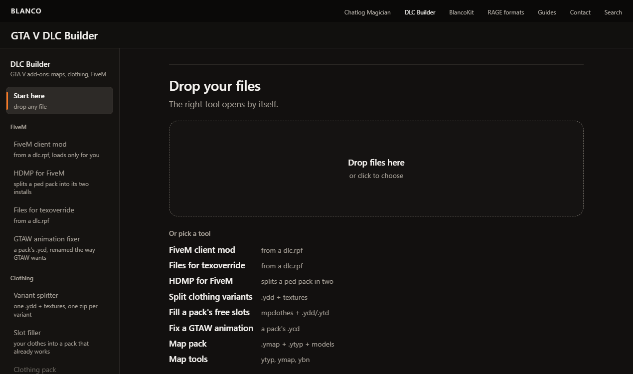 GTA V DLC Builder start page: a drop zone and a plain list of tools
